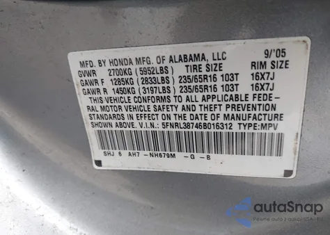 2006 Honda Odyssey Ex-L z USA, uszkodzony, nr VIN 5FNRL38746B016312